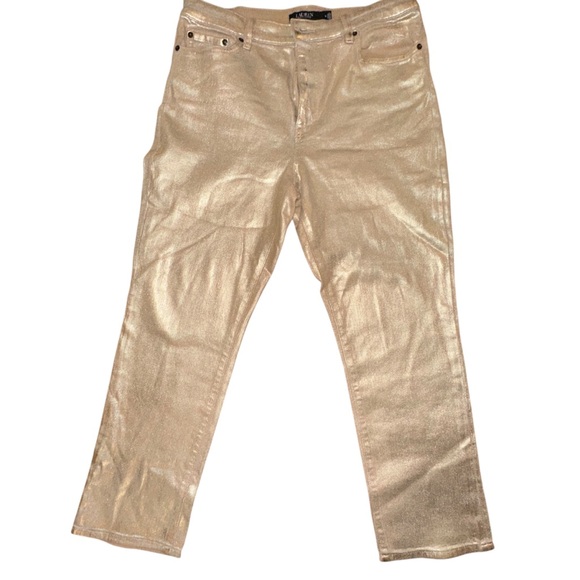 Ralph Lauren | Black Label High Rise Straight Ankle Gold Shimmer Jeans - Size 14 - Picture 2 of 11